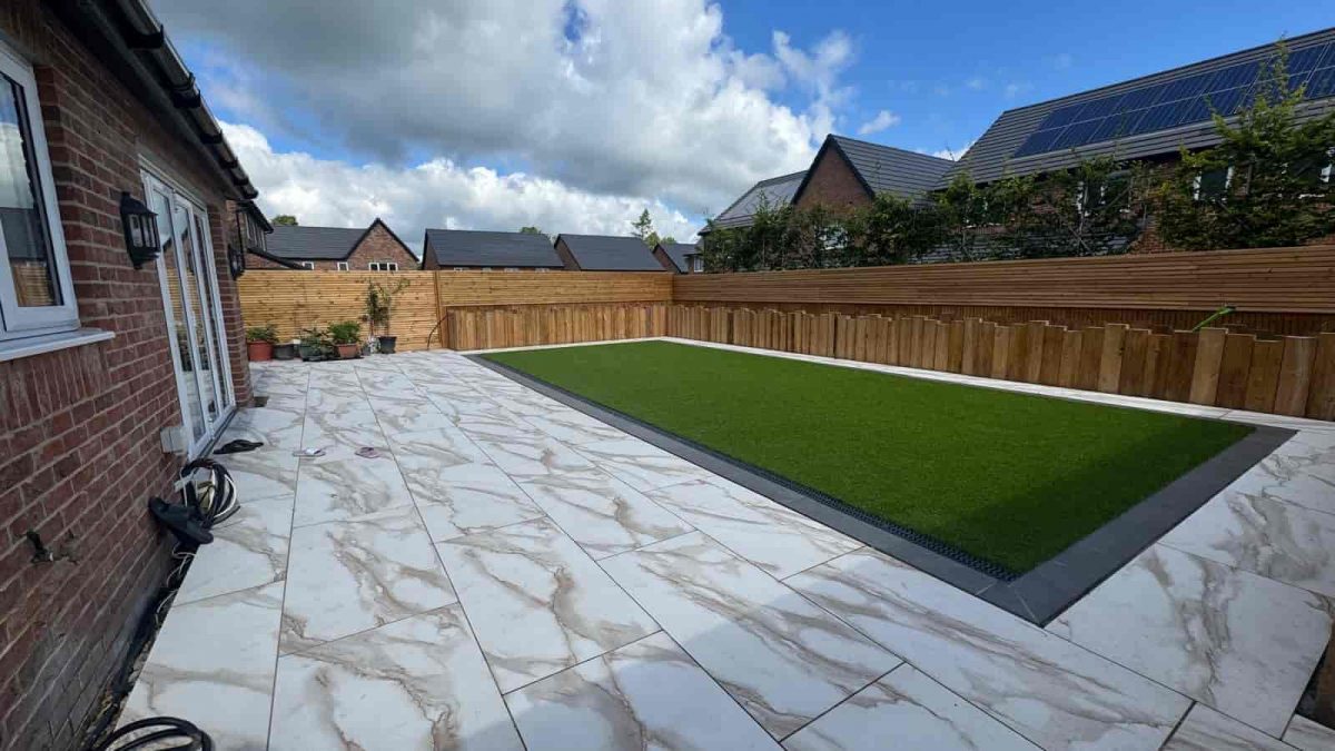 AGAG artificial lawn installation surrounded by a redesigned patio in Fulwood