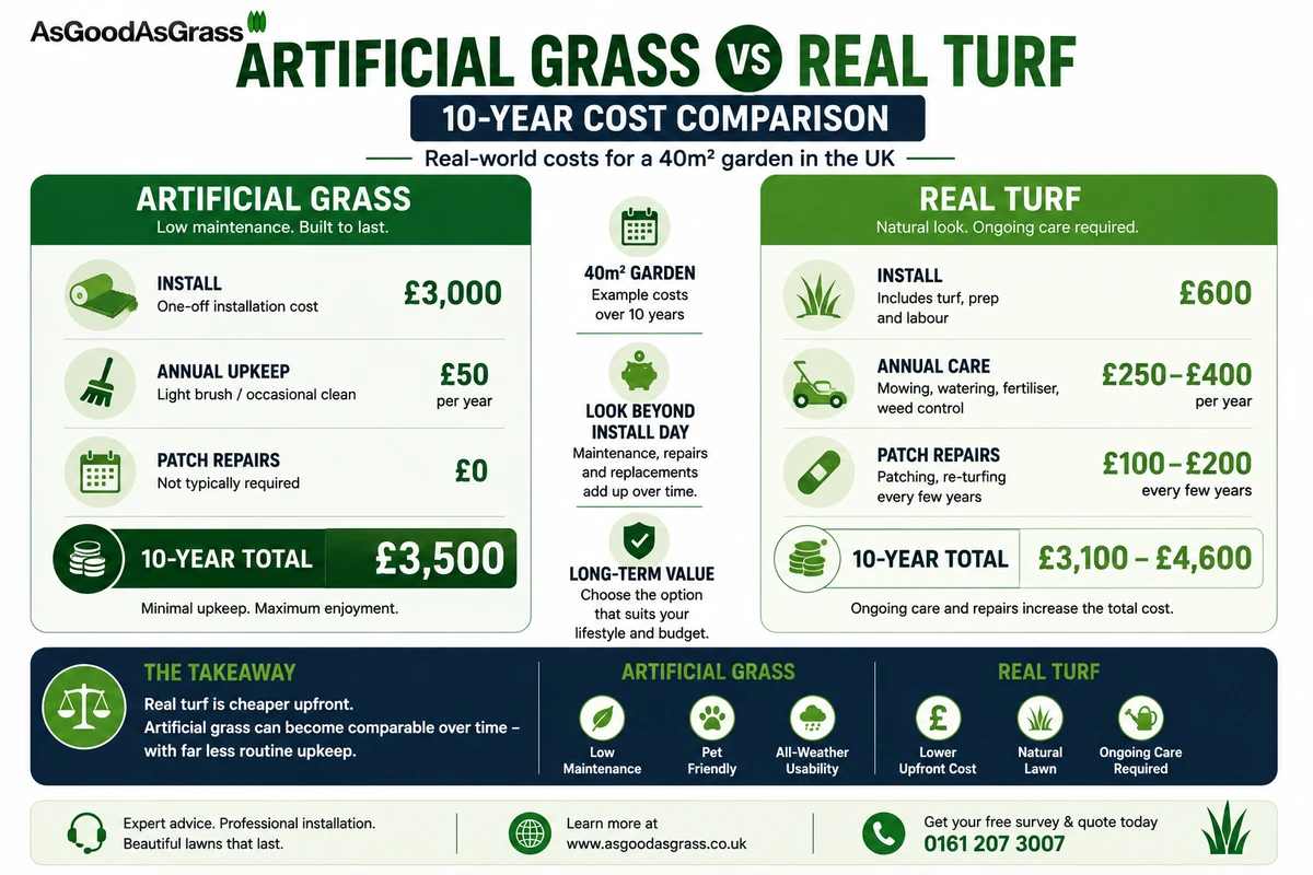 Infographic comparing the 10-year cost of artificial grass and real turf for a 40m² UK garden, including installation, maintenance and repair costs.