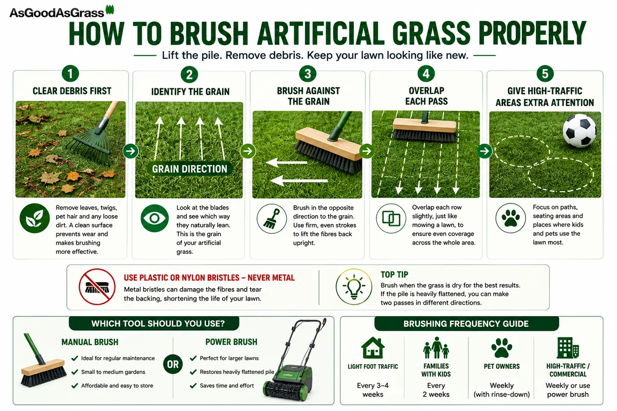 Step-by-step infographic showing how to brush artificial grass against the grain using a plastic or nylon brush to lift flattened fibres.