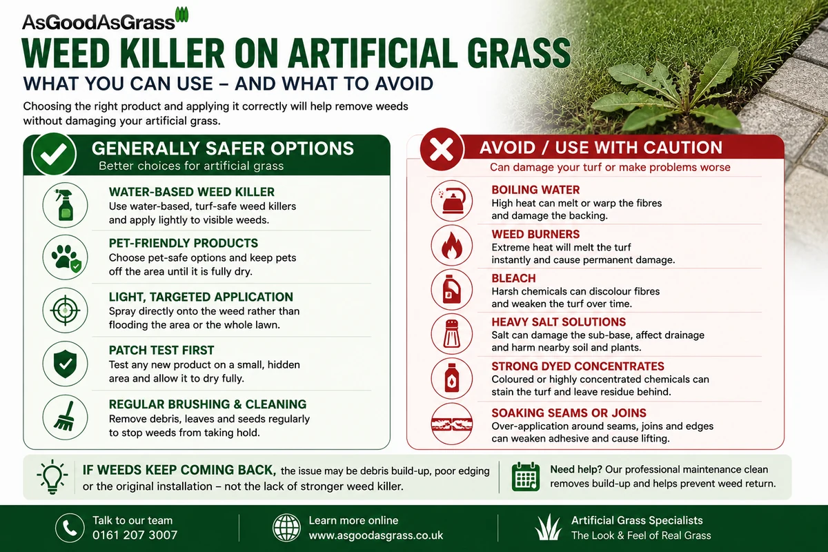 Infographic showing weed killers and weed-control methods that are safer to use on artificial grass and which methods to avoid.